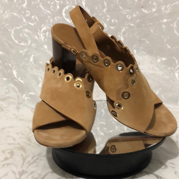 Chloe Shoes - Chloe 8.5 Eyelet-Studded Criss Cross Strap Tan Suede Sling Back Sandal